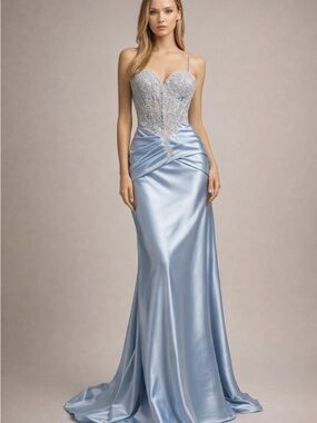 Light Blue Satin Evening Gown with Lace Corset Bodice